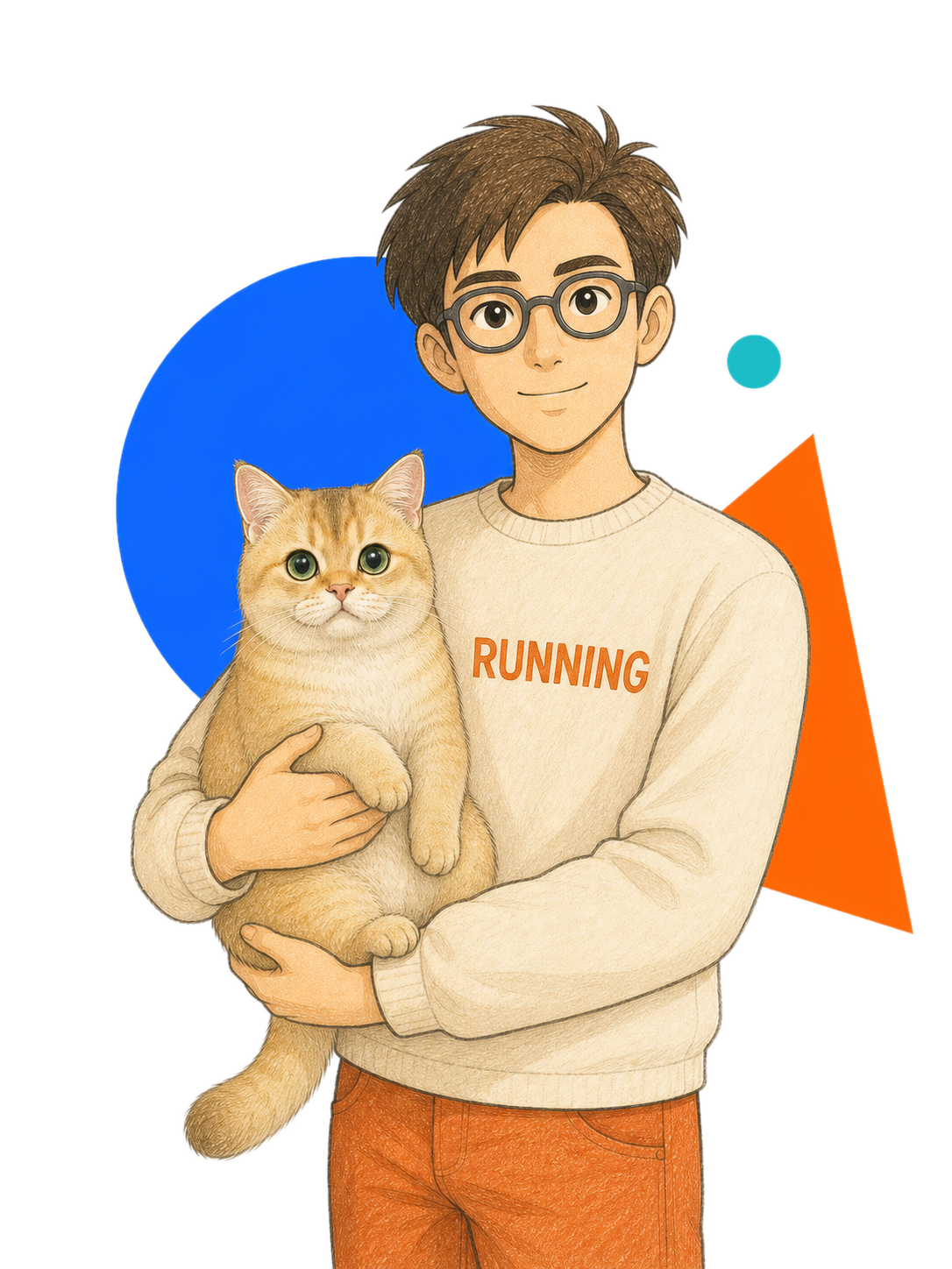 AI不会累人物 YJ 与金渐层猫的半身手绘插画